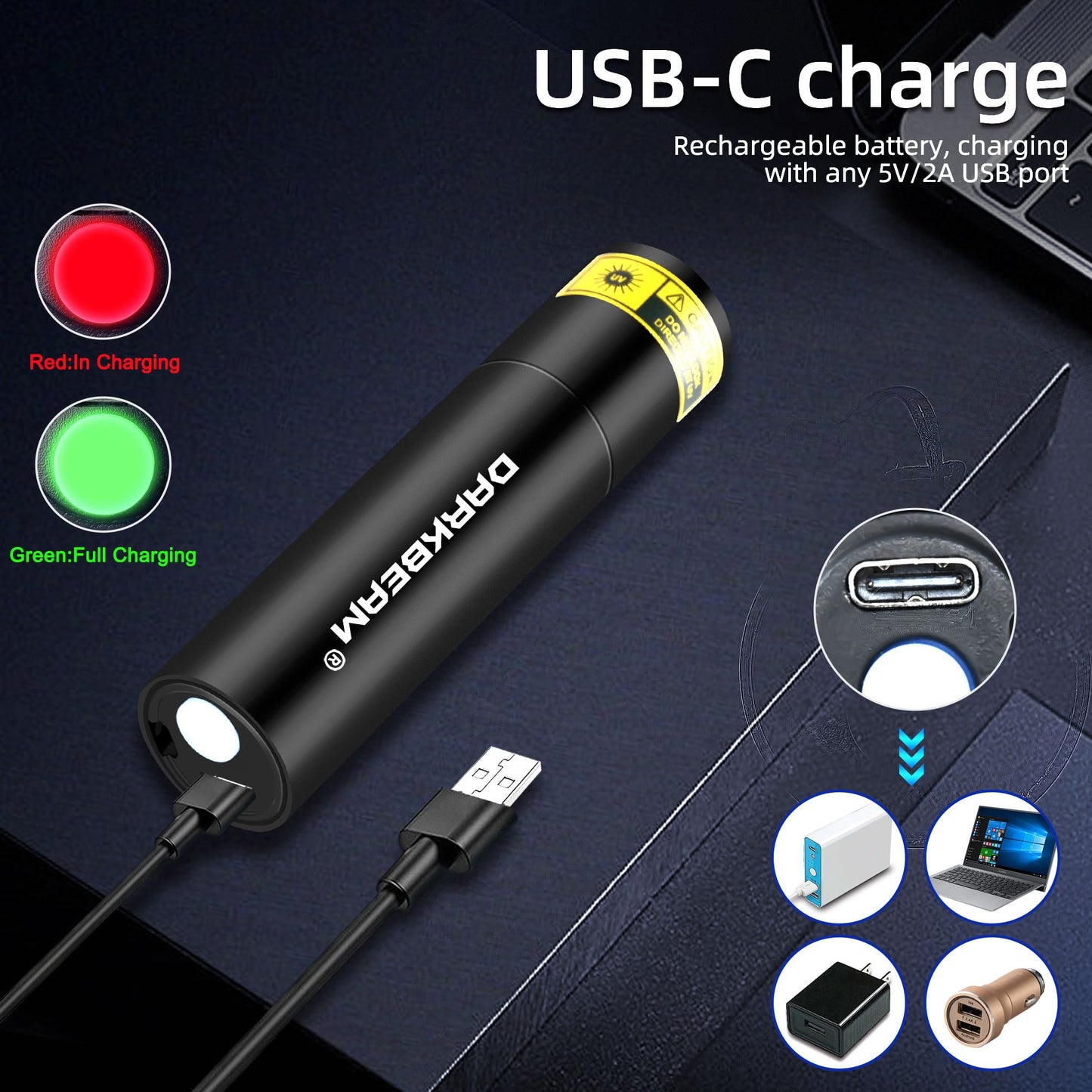 DARKBEAM UV Flashlight 365nm Black Light, Mini & Powerful Woods Lamp USB -C LED Rechargeable, Blacklight Flashlights Portable Pet Cat Urine Detector - Rock, Fluorescent Detection, Resin Curing
