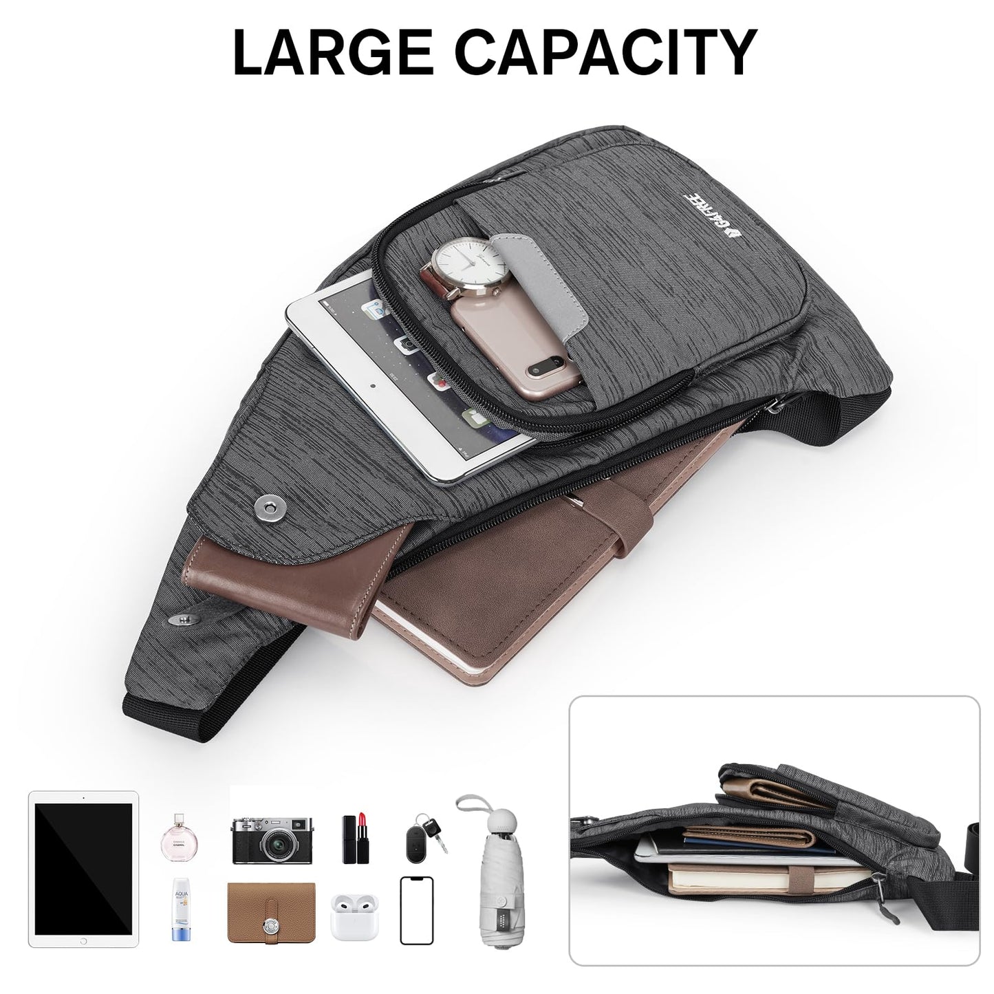 G4Free Sling Bag, Waterproof Crossbody Bag for Men Women, Lightweight Chest Shoulder Backpack for Business Travel Hiking, Black