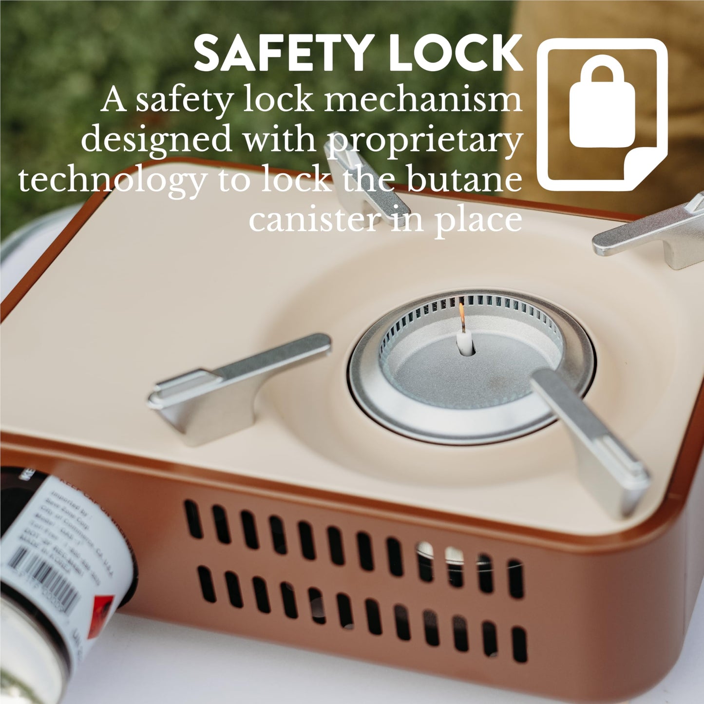 Gas One Butane Fuel Camp Stove – Crate Series - Mini Stove for Camping, Hiking – Portable Gas Stove with Spiral Flame – Even Heat Distribution – Modern and Easy to Use (Brown)