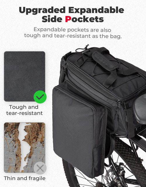 KEMIMOTO Bike Rear Rack Bag with Rain Cover, 15L Thickened Foldable Pockets Water Resistant Bicycle Bag, Bike Trunk Pannier for Commuter Cycling Trip Grocery Shopping, Black
