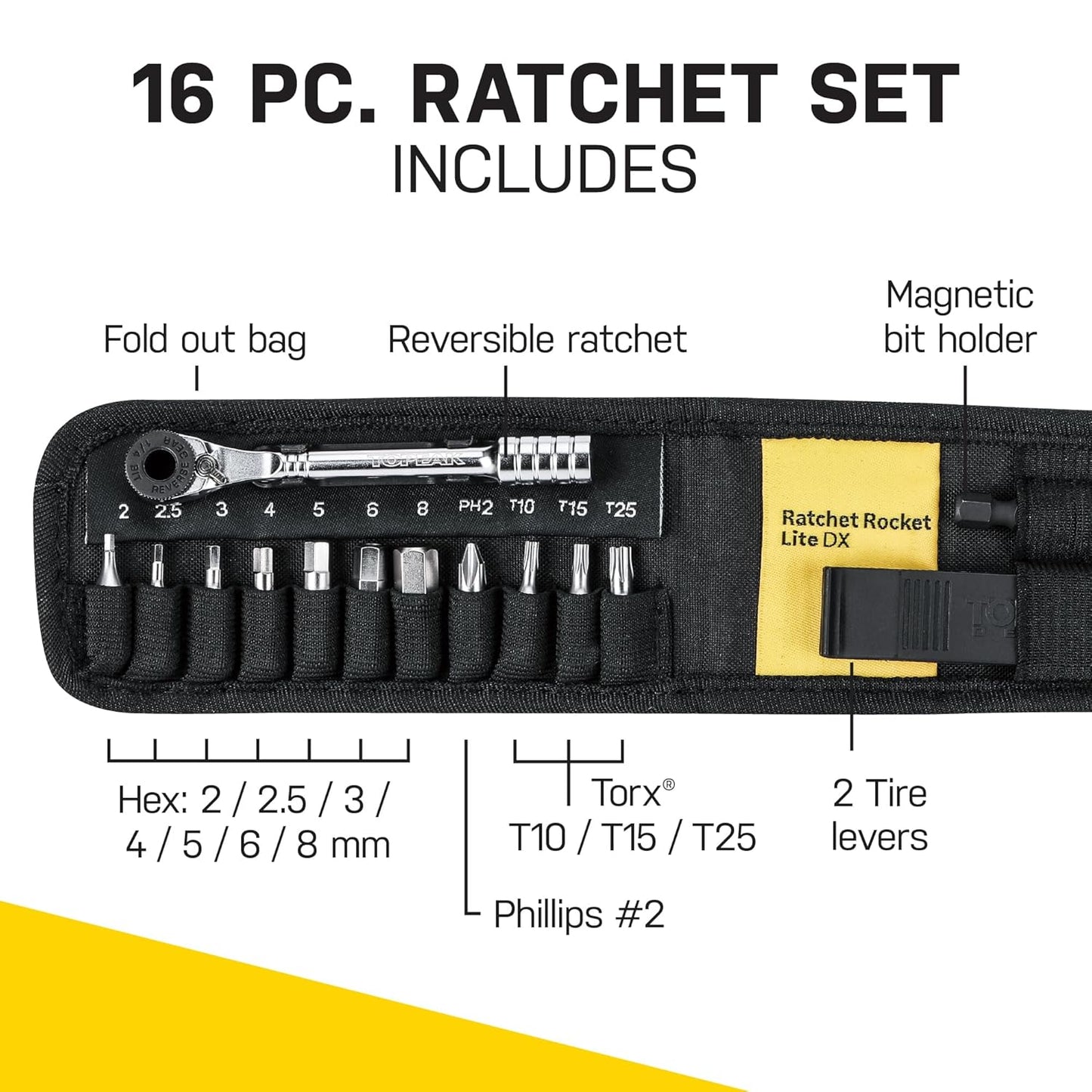 Topeak Ratchet Rocket Lite DX Bike Repair and Maintenance Tool, 16 Functions, Includes Nylon Bag, Black