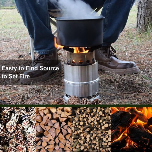 MEETSUN Camping Cooking Set with 1.5L Pot, Camping Cookware Set for 2-3 Person,Camping Mess Kit with Kettle and Portable Mini Wood Buring Stove for Camping Hiking Backpacking