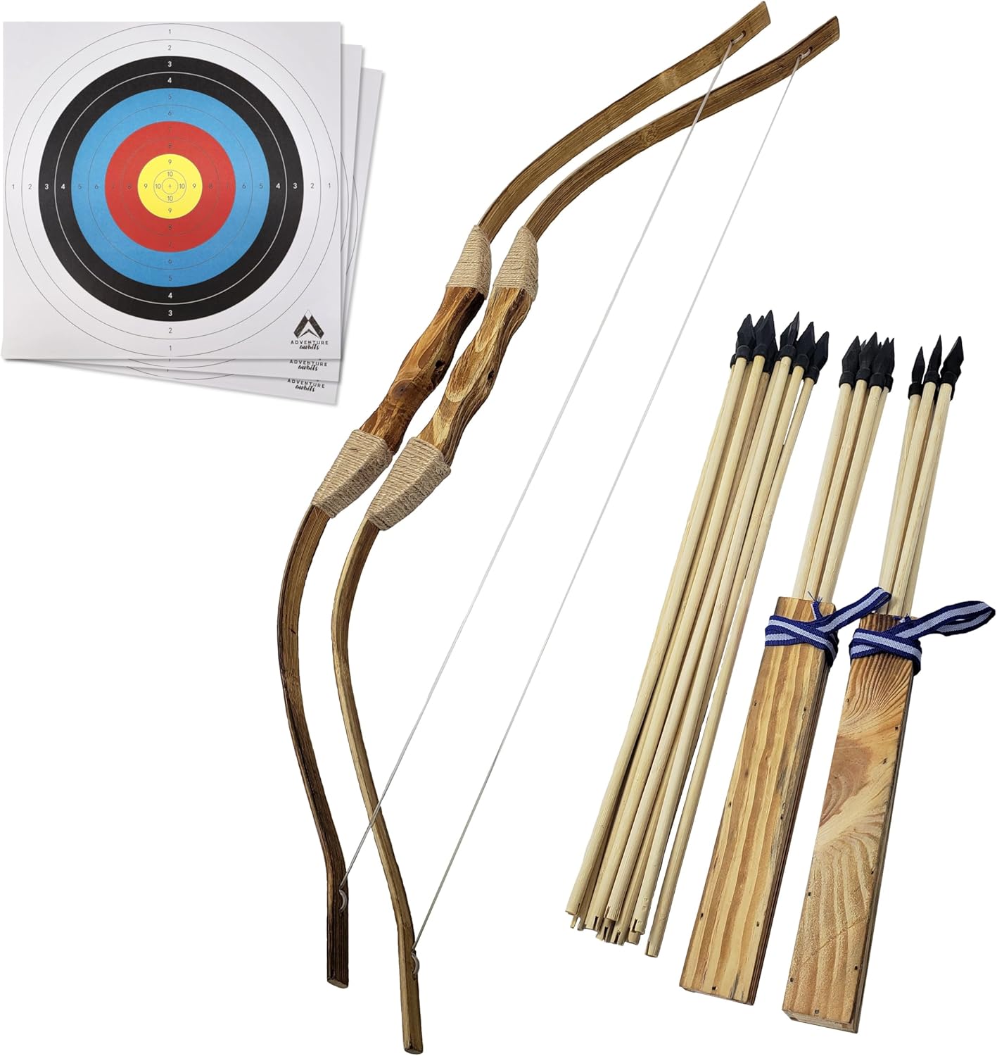 Adventure Awaits! - 2-Pack Handmade Wooden Bow and Arrow Set - 20 Wood Arrows and 2 Quivers - for Outdoor Play