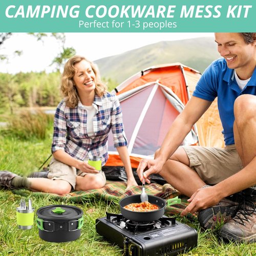 VINTEAM Camping Cookware Set 830g Stainless Steel Pot Pan Set with Folding Handle and Storage Bag for 1-2 Person Outdoor Hiking Camping