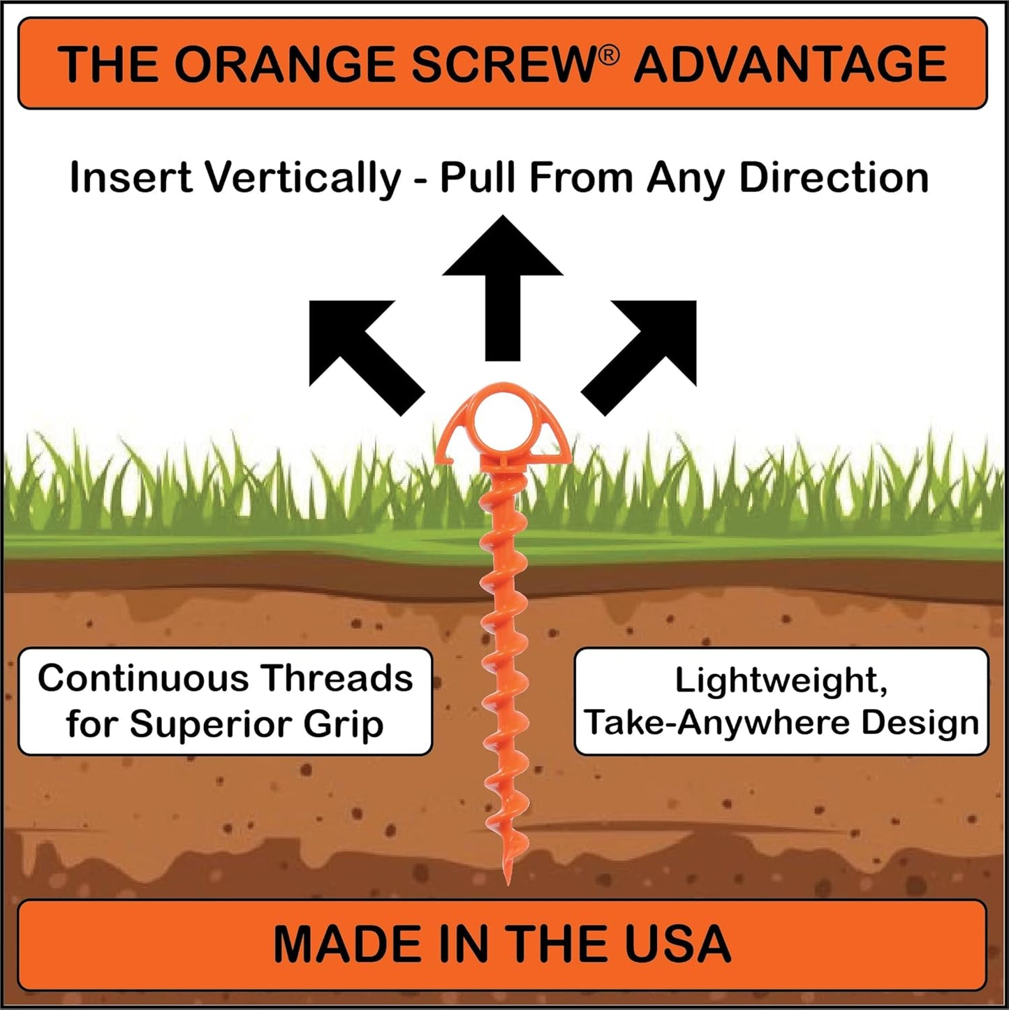 Ultimate Ground Anchors: Heavy Duty Screw-in Tent Stakes for High Wind, Sand, Canopies, and Camping - Made in USA, Included T-Grip Tool - (Small, Single Pack, Orange)