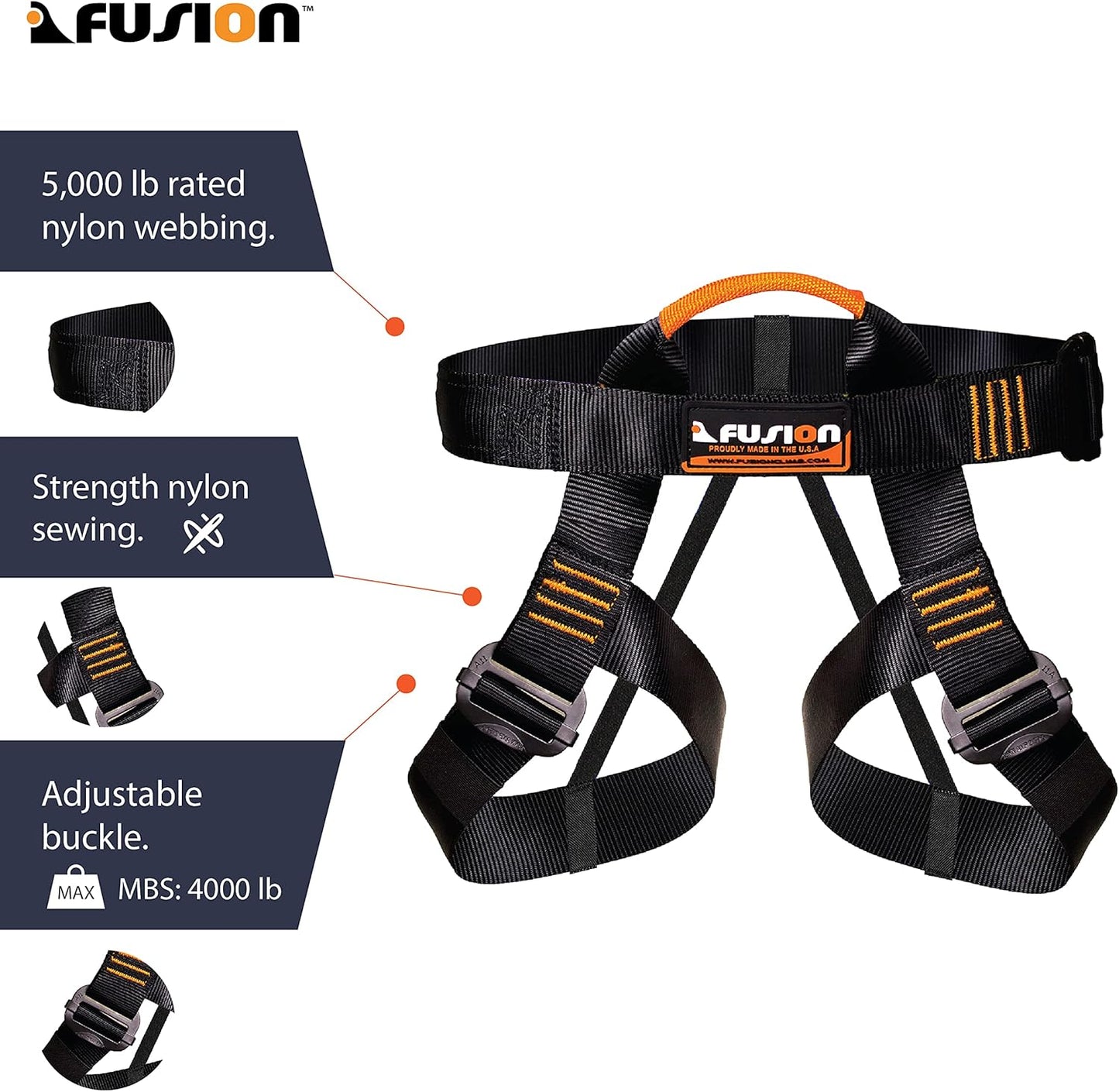 Rock Climbing Harness - Fusion Climb® - (5,000 LBS Rated) Professional Half Body Harness for Mountaineering, Tree Climbing, Ziplining, Rock Climbing, Rappelling - Heavy Duty Half Body Harness