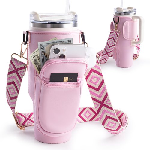 Viva Terry Water Bottle Carrier Bag with Phone and Cards Pockets 40/30oz Tumblers Water Bottle Holder with Adjustable Strap - Ideal Fit for Stanley Cup(Pink)