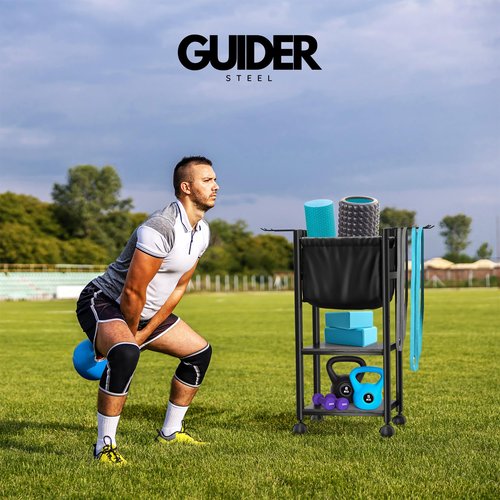 Guider Steel Multifunctional Home Gym Storage Rack - Metal Exercise Equipment Storage w/Wooden Shelf, Hooks & Black Yoga Mat Home Gym Organizer Basket - 88LBS Max Cap Weight Rack for Dumbbells & More