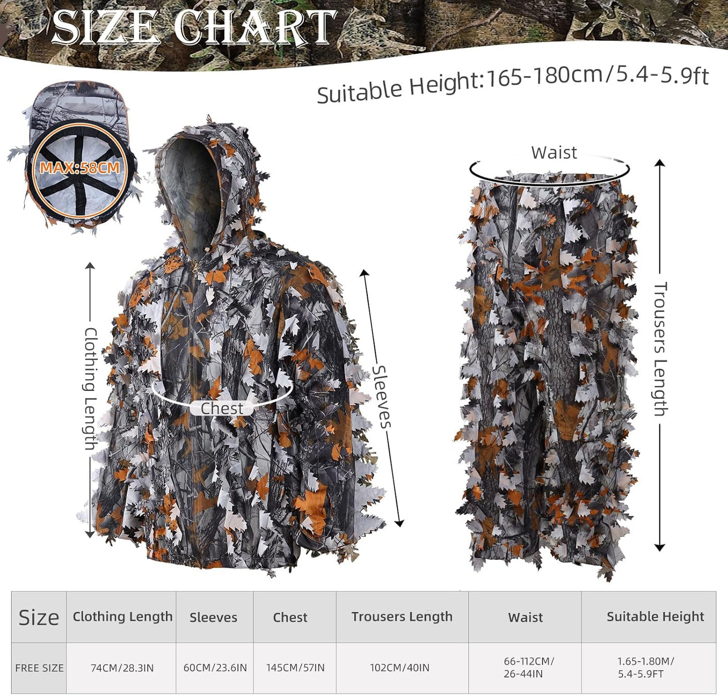 Zicac Outdoor Camo Ghillie Suit 3D Leafy Camouflage Clothing Jungle Woodland Hunting