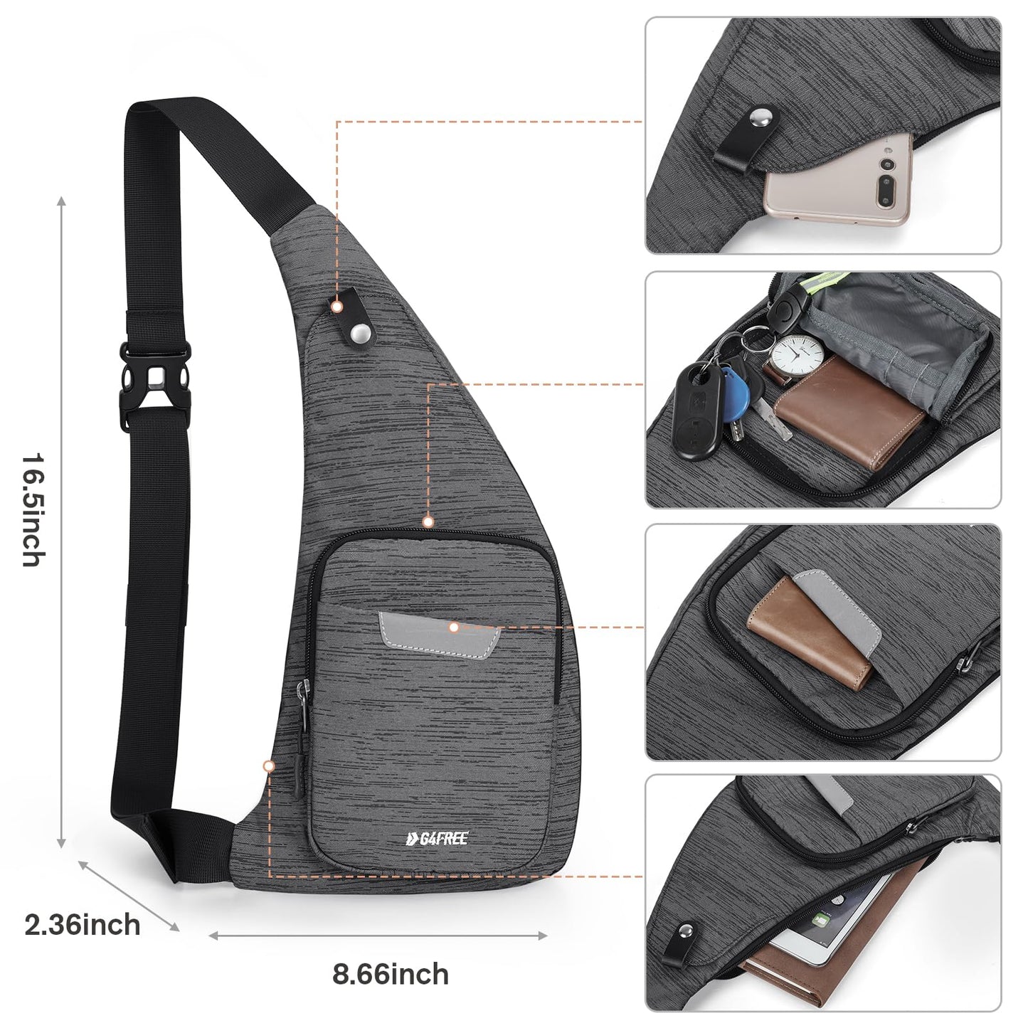 G4Free Sling Bag, Waterproof Crossbody Bag for Men Women, Lightweight Chest Shoulder Backpack for Business Travel Hiking, Black