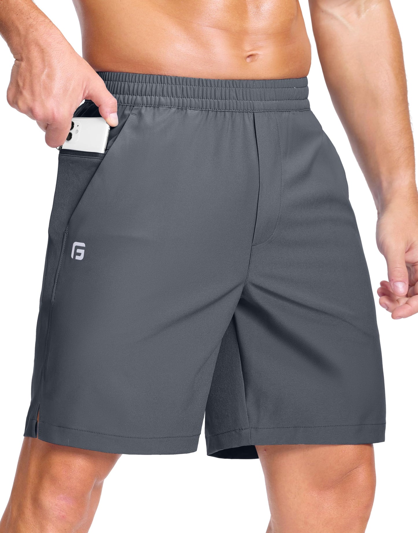 GGJ Men's Lightweight Athletic Shorts with 2 Zipper Pockets 7"/9"/5" Gym Workout Running Quick Dry Tennis Basketball Shorts for Men Grey XL