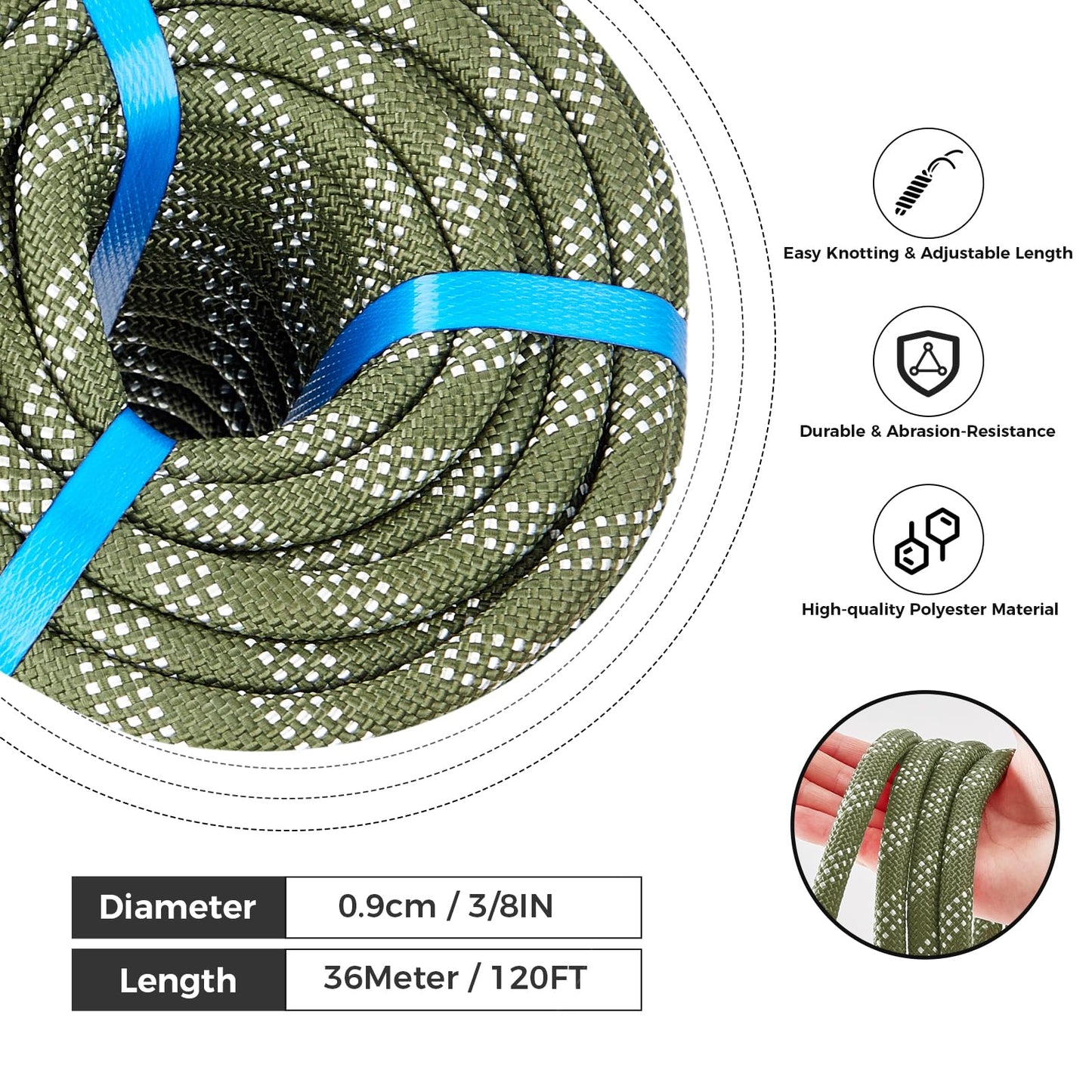 3/8 Inch 120ft Double Braided Polyester Arborist Rope, Heavy Duty Nylon Rope for Anchor, Tree Work, Cargo, Pulling, Sailing(ArmyGreen)