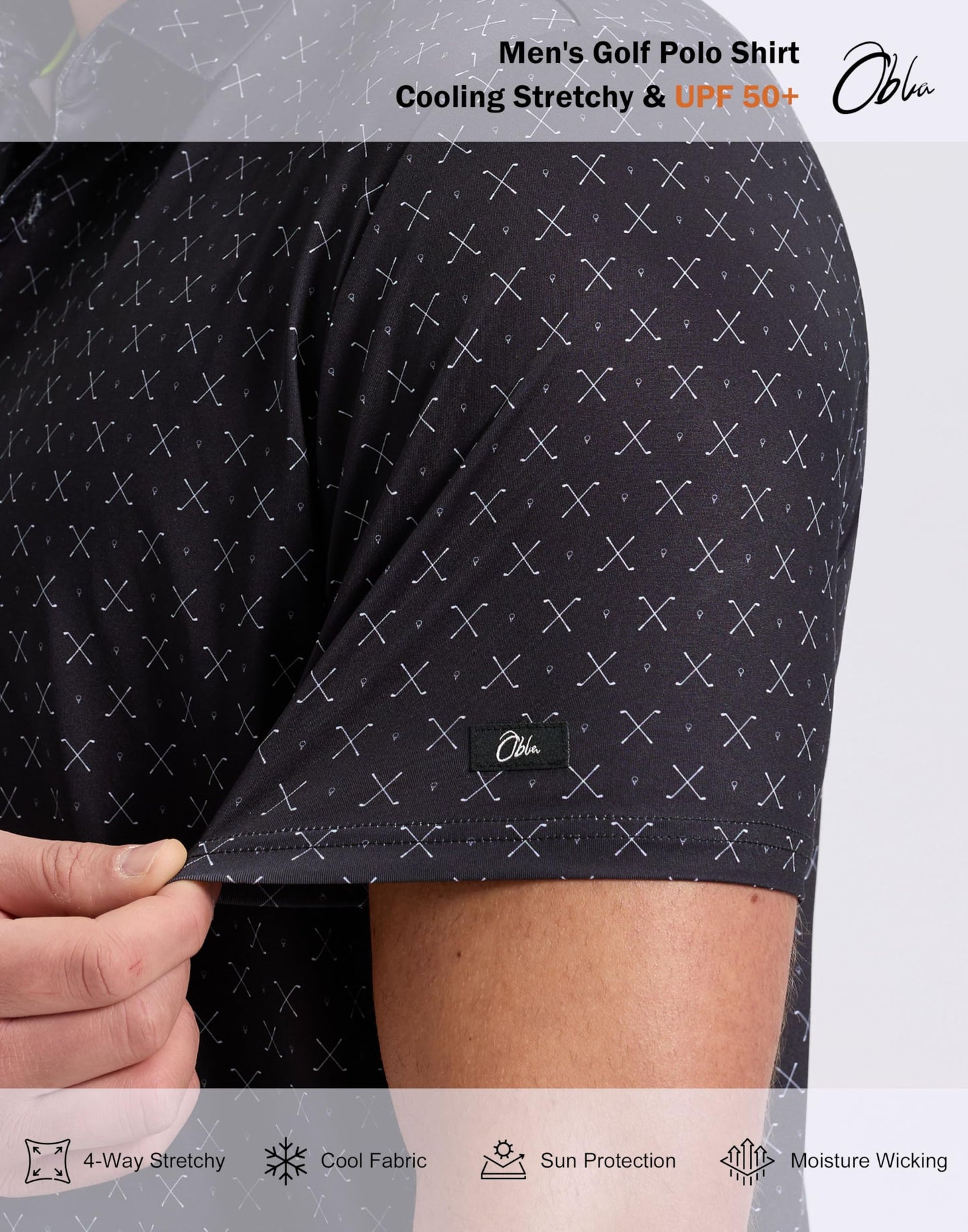 Obla Mens Golf Polo Shirts Short Sleeve Dry Fit Performance Moisture Wicking Casual Print Collared Golf Shirts for Men (Black Golf Clubs_S)