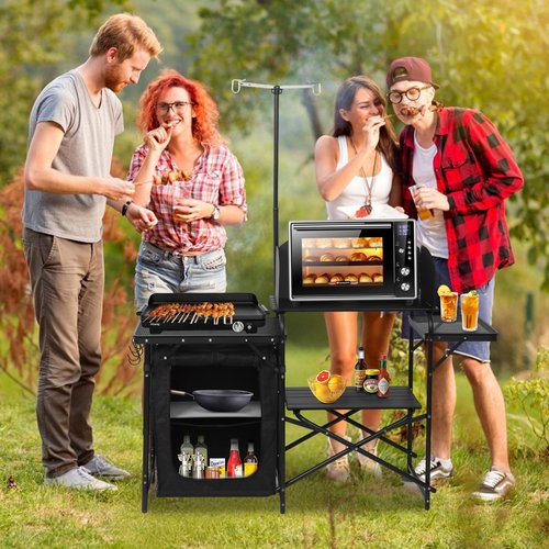 CDEN Camping Kitchen Station, Camping Table, Grill Table, with Light Stand and Windshield Cooking Station, outdoor