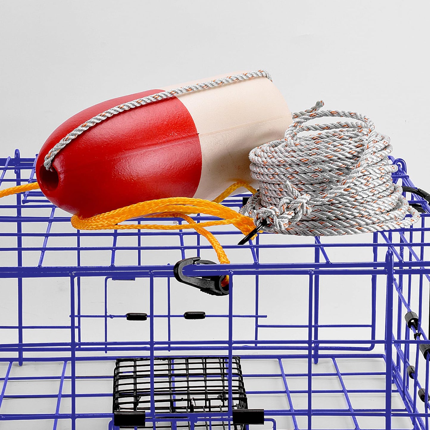 A1FISHER 2 Packs Pacific Folding Crab Trap 24''x24''x12'' Kit, with Crab Bait Cage, Gauge Measure, Trap Harness, 5/16" Dia-100’ Leaded Core Rope with 12.8’’x5.5’’ Red/White Float Buoy for Dungeness