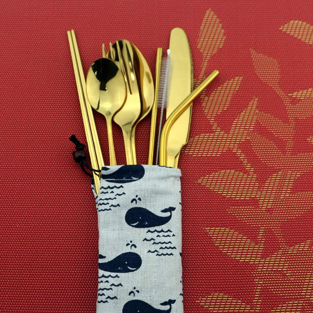 8 Pieces Stainless Steel Mirror Poblished Flatware Set Reusable Cutlery Set Travel Utensils Set with Straws for Camping Office or School Lunch,Dishwasher Safe (Rose Gold)