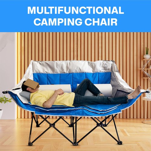 BEARSEAT Double Camping Chair – Foldable Chair with Lumbar Support Cushions and Carry Bag – Padded Portable Heavy-Duty Loveseat with 4 Mesh Pockets, 2 Cup Holders, Wine Glass Holder