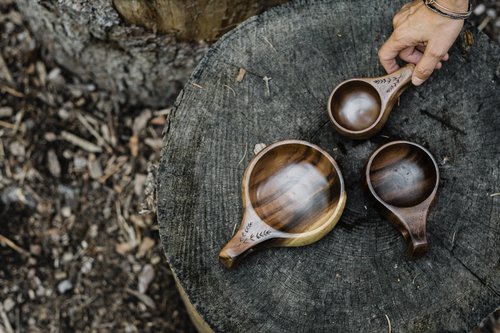 Barebones Kuksa Wooden Drinking Cup - Unique Acacia Mug with Nordic Style, Ergonomic Handle, Food-Safe Coating and Leather Cord - Versatile, Sustainable for Camping or Home (4 oz)