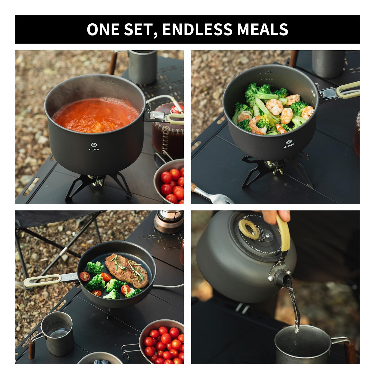 Alocs Portable Camping Cookware - Upgraded Handle, Non-Stick Camping Pan Set for Outdoor Kitchen, Picnic, Hiking and Fishing