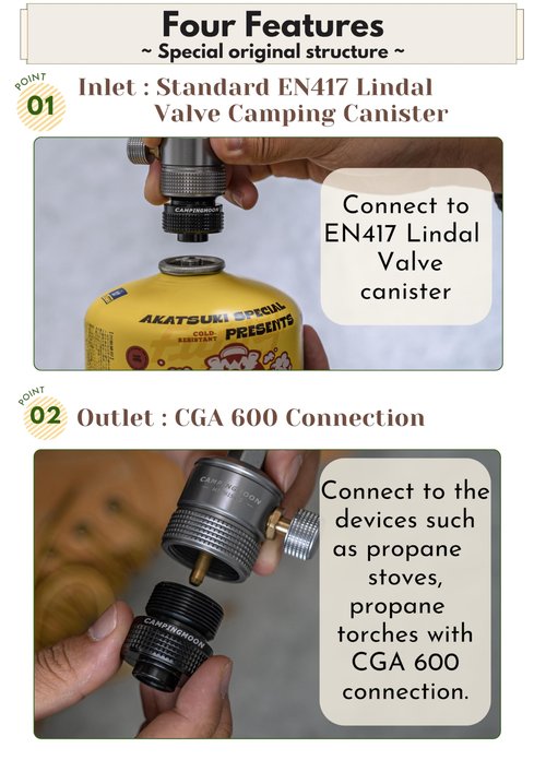 CAMPINGMOON Camping Canister Propane Gas Stove Grill Adapter, Input: EN417 Lindal Valve Canister, Output: CGA 600 Connection BKZ20 (Black CGA 600 Adapter)