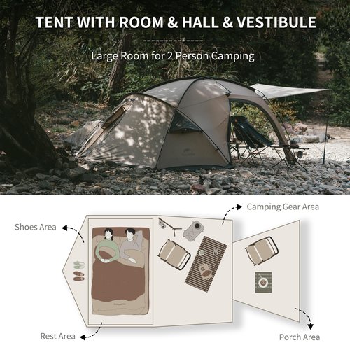 Naturehike Massif 4 Season Hot Tent with Stove Jack, 2 Person, UPF50+ Waterproof Windproof Winter Tent with Room and Hall