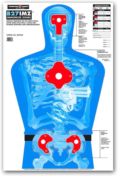 B27-IMZ Silhouette with Human Anatomy Immobilize Zones Ultra Bright Self-Defense Range Training Paper Shooting Targets - Made in USA
