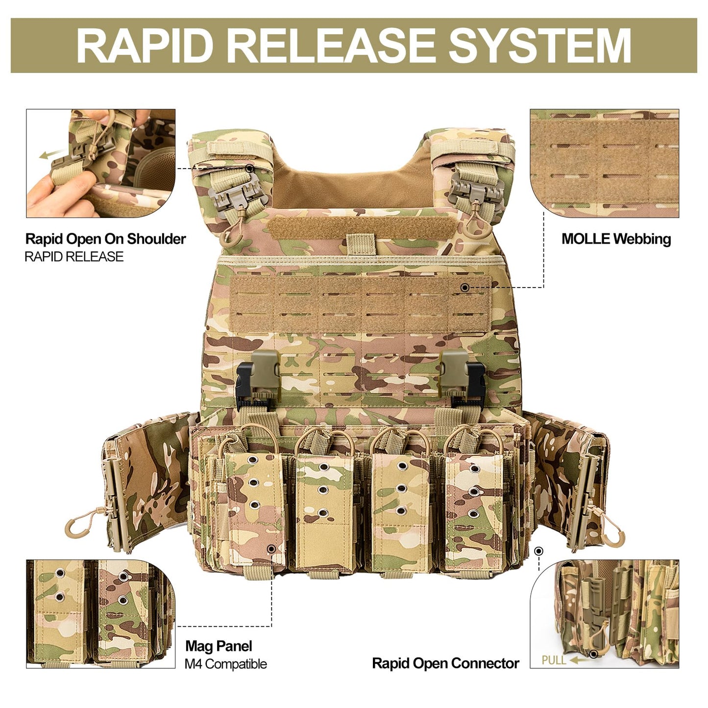 ADHOME Quick Release Tactical Vest, Adjustable Breathable Weighted Vest for Men, Strong Tensile Lightweight Molle Vest 1000D Nylon for Duty Hunting Gaming