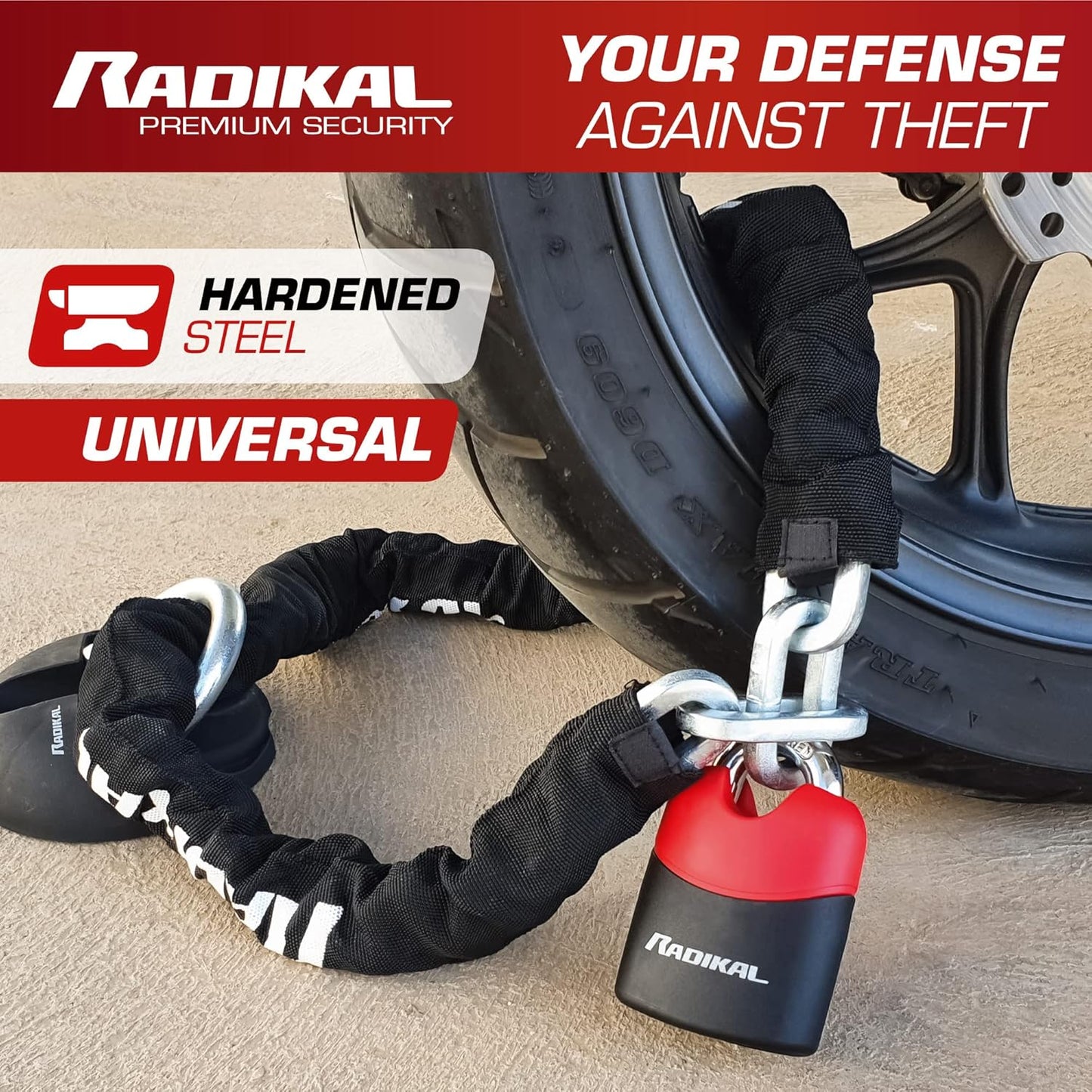 RADIKAL RK4170 Motorcycle Chain Lock Padlock and Reinforced Steel Heavy Duty Chain High Security ø10, 170 cm Chain and Lock Motorcycle, Scooter, Bike