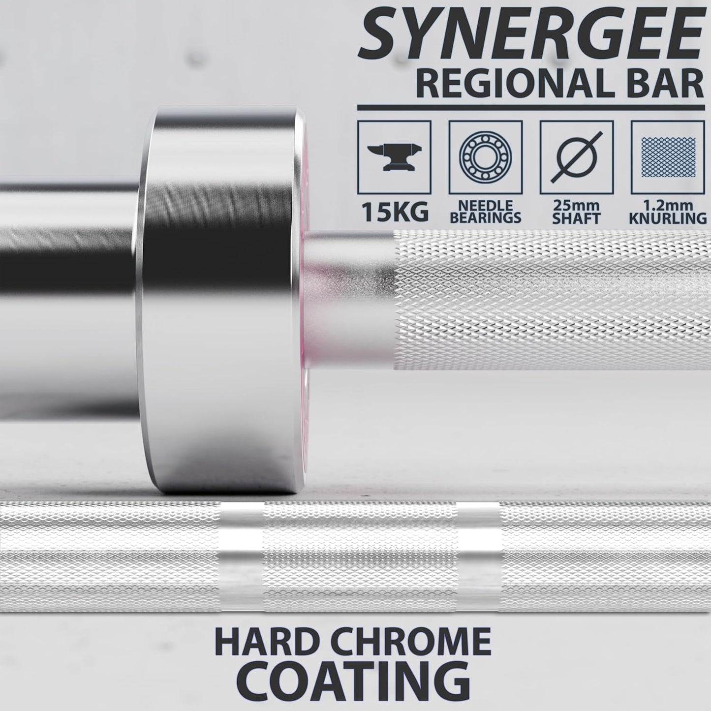 Synergee Regional Olympic 20kg Men’s and 15kg Women’s Hard Chrome & Black Phosphate Barbells. Rated 1500lbs for Weightlifting and Powerlifting.