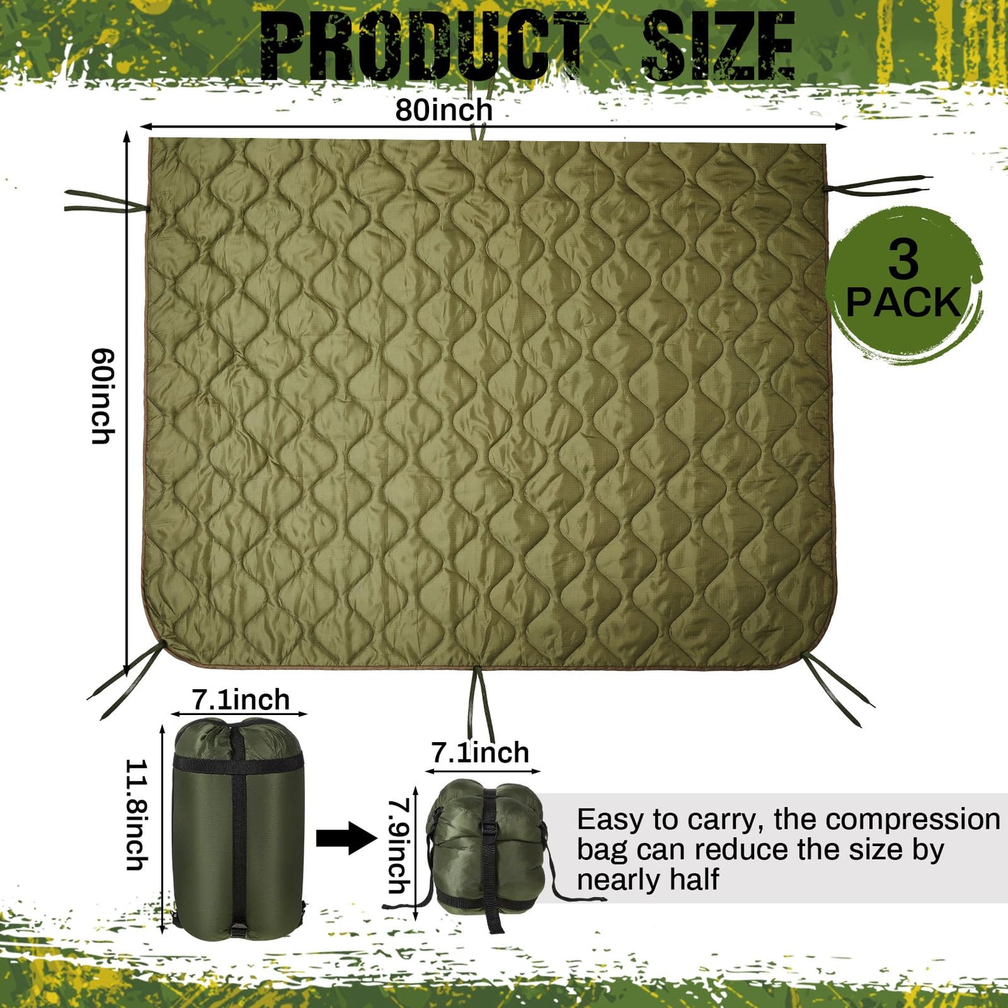 Barydat 3 Pack Woobie Military Poncho Liner 80 x 60 Inch Woobie Blanket Waterproof Thermal Poncho Liner with Bag Camo for Outdoor Camping Hunting Hiking (80 x 60 Inch,Green)