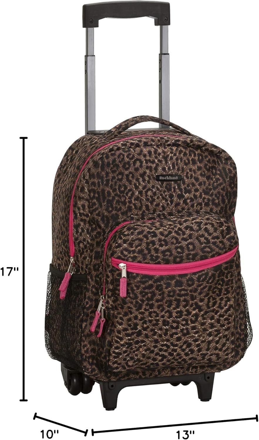Rockland Double Handle Rolling Backpack, BLUELEOPARD, 17-Inch