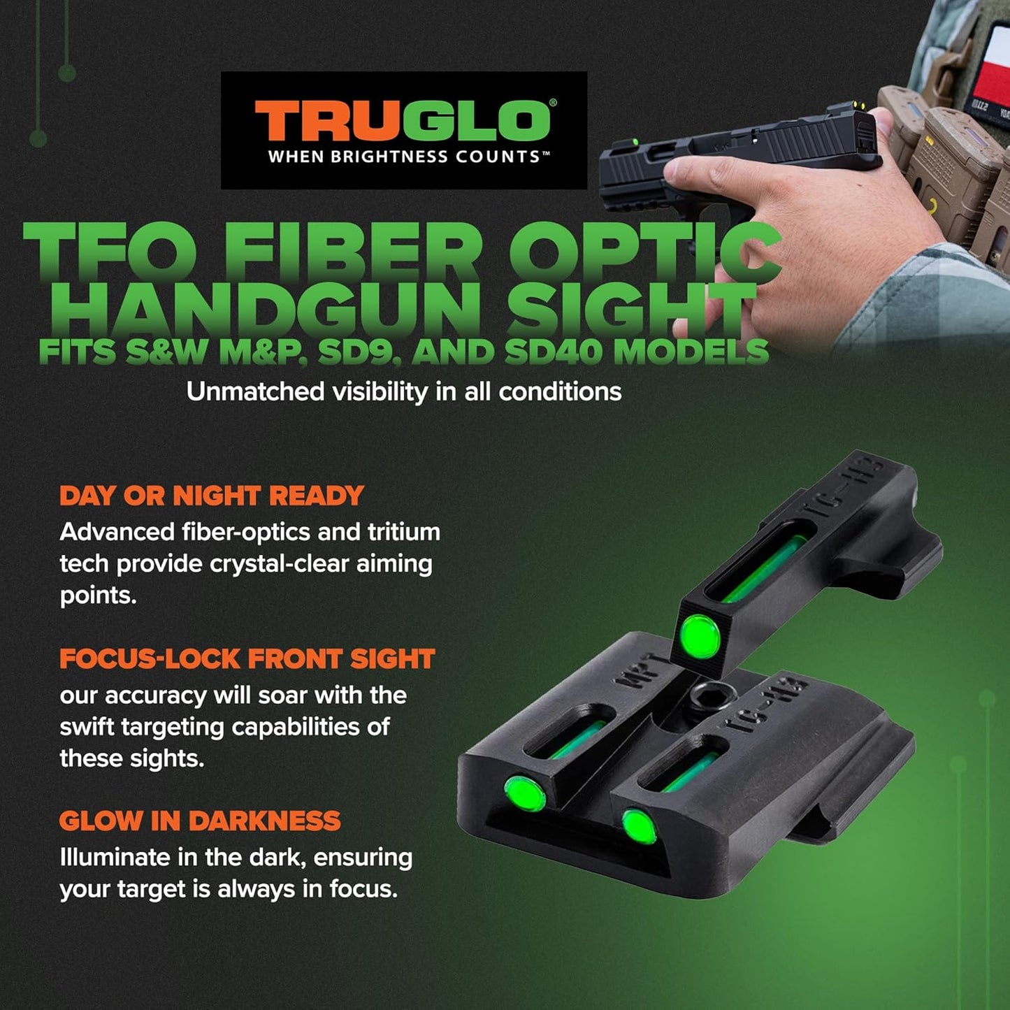 Truglo TFO Tritium & Fiber-Optic Handgun Sight Durable Snag-Resistant Glowing Front & Rear Night Sight, Compatible with Smith & Wesson M&P Series
