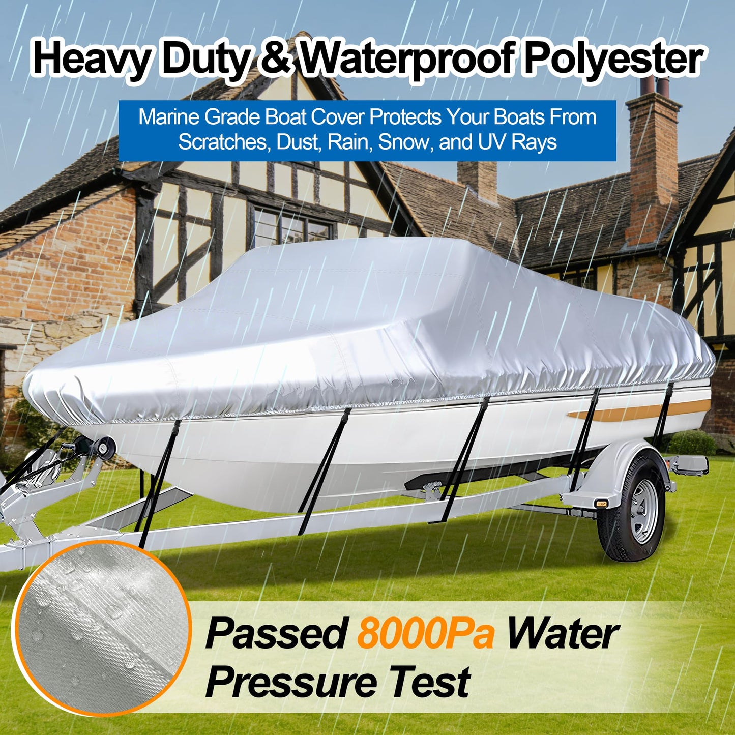 iCOVER Trailerable Boat Cover- 16'-18.5' Heavy Duty Waterproof Tarp Covers with Storage Bag, Fits V-Hull, Fish&Ski, Pro-Style, Fishing, Runabout, Bass Boats, up to 16ft-18.5ft Long X 94" Wide
