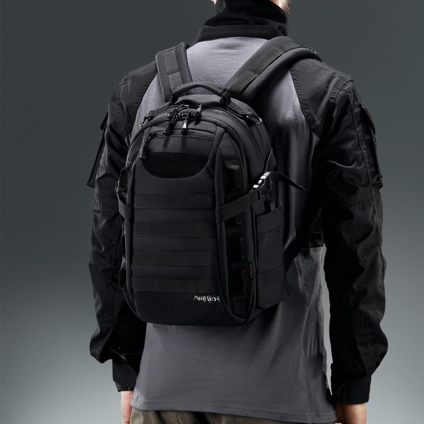 AMHEH 21L Small Tactical Backpack | Fit 12 Inch Laptop, Water Bottle Holder, 1050D fabric, Molle, Daily Work, Travel, Hiking (Black)