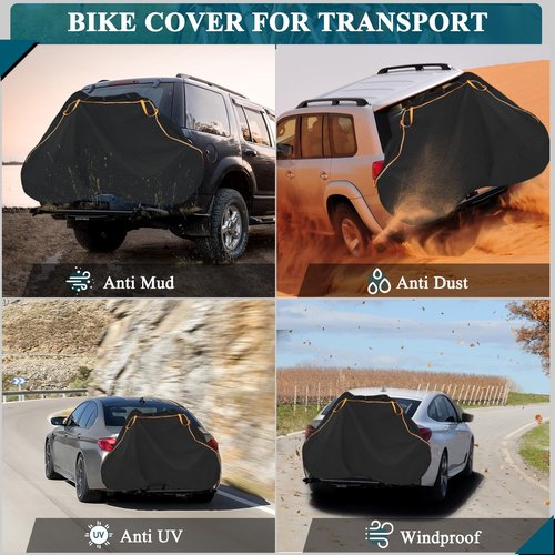 Cholila Cover Bike Cover for Transport on Rack 2 Bikes - Upgrade 600D Waterproof Bike Rack Cover with 2 Elastic Cords, Bike Cover on Rear Bike Rack for 1-2 Standard Bikes, Tear Resistant Bicycle Cover