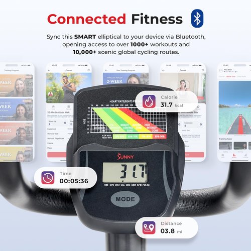 Sunny Health & Fitness Smart Elliptical Machine, Total Body Cross Trainer with Hyper-Quiet Magnetic Belt Drive, Low Impact Exercise Equipment and Exclusive SunnyFit App Enhanced Bluetooth