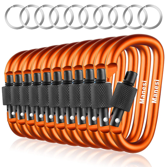 10 Pack Aluminum D Ring Key Rings Clips Locking Carabiner for Camping Fishing and Outdoor Use，Clips with Screw Gate Multicolored