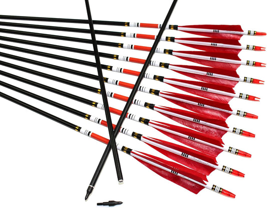 12PCS Red Turkey Feather 31 inches Carbon Arrows Replacement Tips Targeting Arrows Archery for Recurve Longbow Hunting&Practice