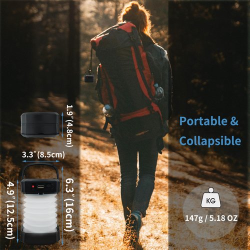 PEKPAK Solar Powered Lantern Flashlight,2-Pack Collapsible LED Camping Lantern,Portable USB Rechargeable Lamp for Power Outages,Emergencies,Hurricanes,Tent Lighting,Hiking,Backpacking Gear(Black)