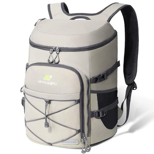 N NEVO RHINO Backpack Cooler, 36 Cans, Light Gray, Nylon, Insulated, Waterproof, Leakproof, Large Capacity, Multiple Pockets, 1.85 lbs