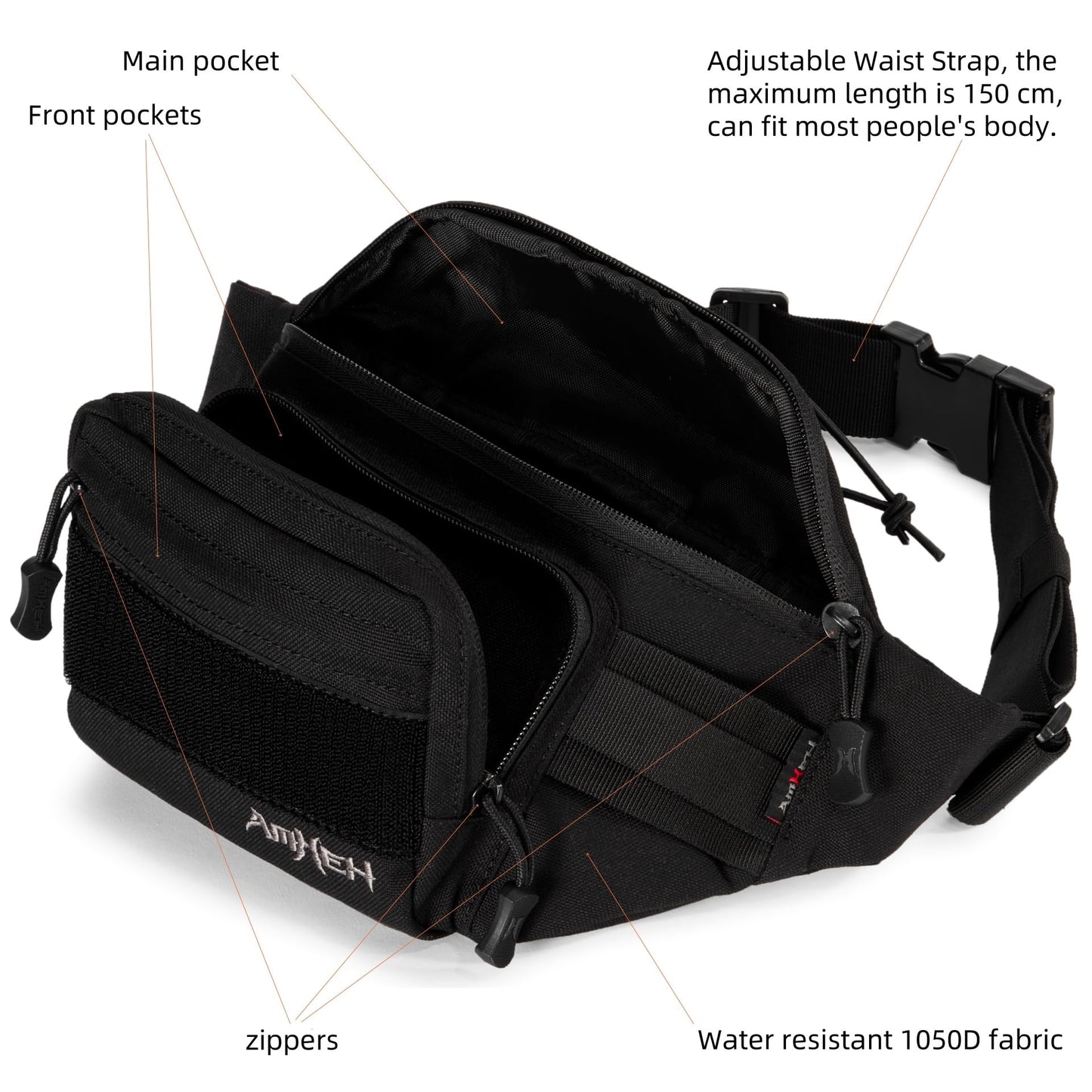 AMHEH 3.5L Military Tactical Fanny Pack | Molle, Quick Access, EDC, Hiking, Travel, Fit Most Men's Waist (Black)