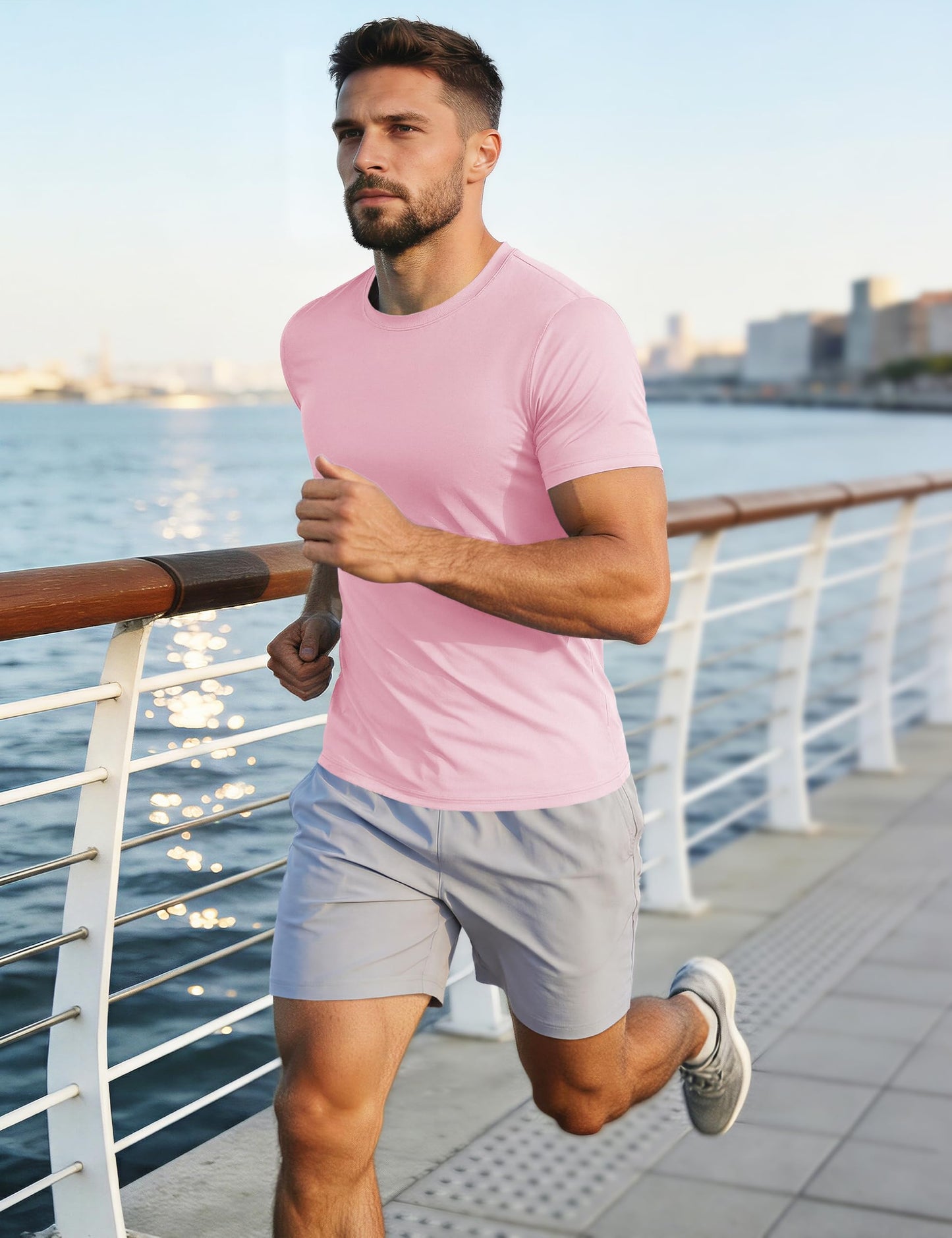 Mens Quick Dry T-Shirt - Short Sleeve Running Shirt - Sun Protection - Active - Light Pink - 2XL