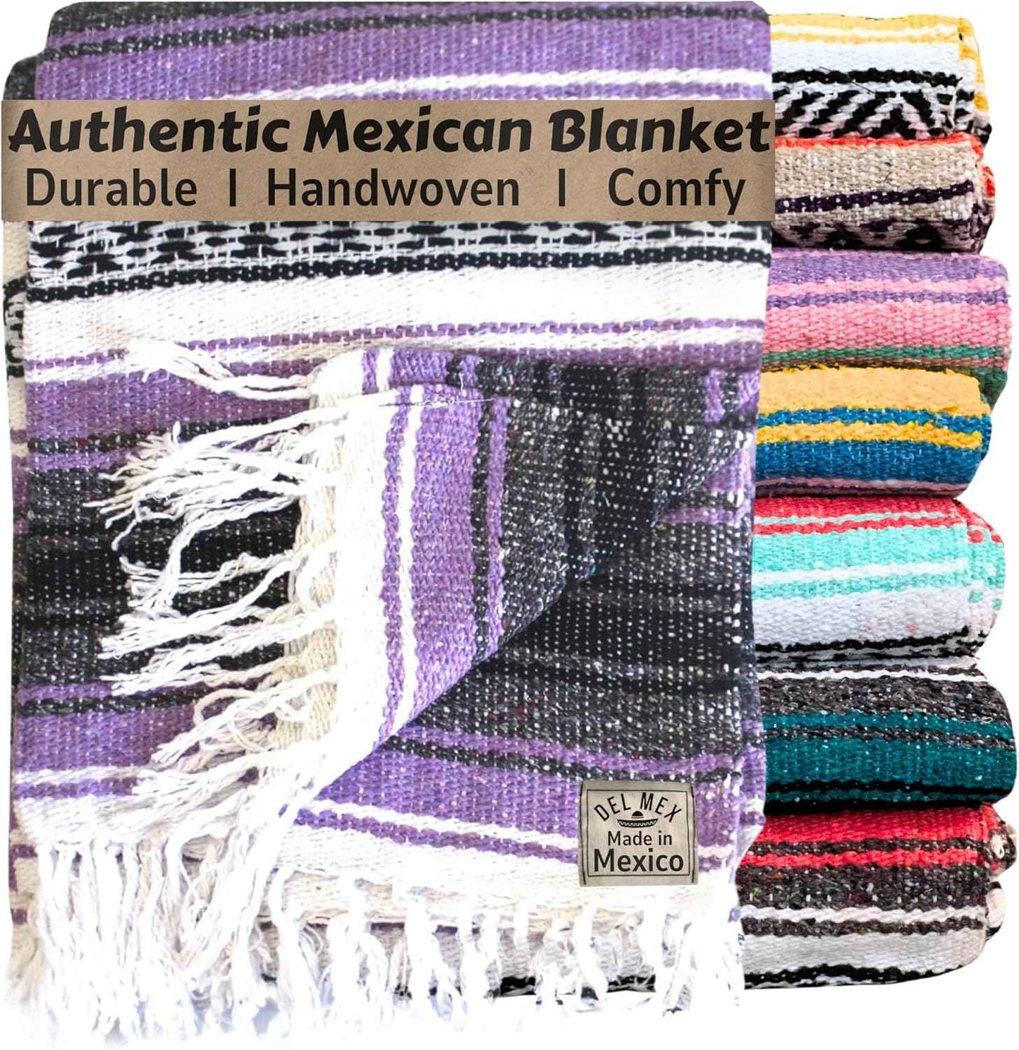 Authentic Del Mex Large Mexican Blanket - Woven Falsa Throw (70"x50") for Beach, Yoga & Outdoor Decor - Pink/Tan