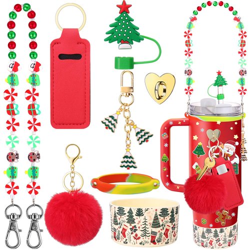 Mity rain 8PCS Christmas Cup Accessories for Stanley Cup 30oz 40oz Tumbler with Handle, Including Water Bottle Handle Strap, Chapstick Holder, Boot, Keychain Charms, Straw Topper Cap, Updated