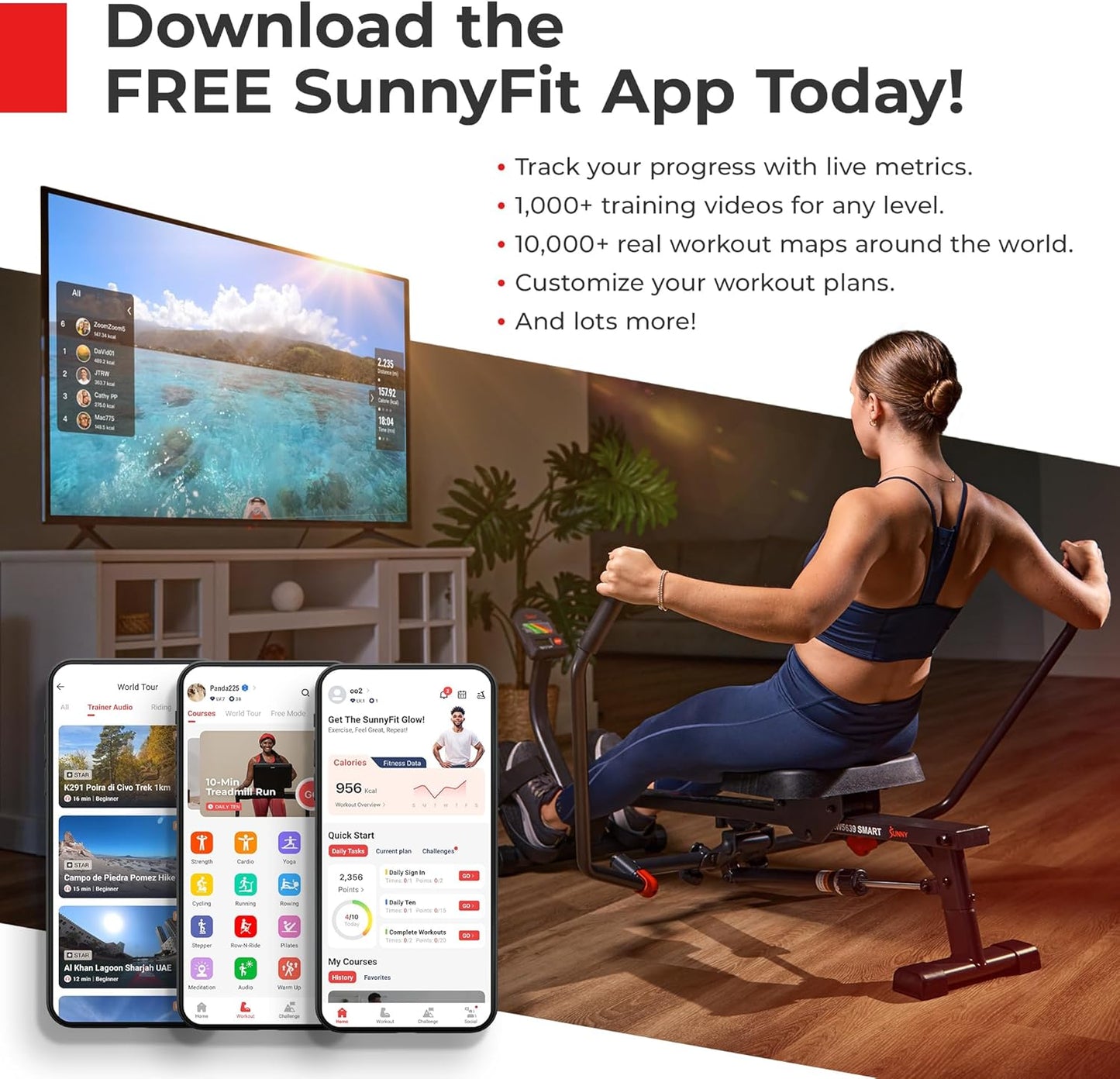 Sunny Health & Fitness Rowing Machine for Low Impact Full Body Workouts Home Training, Flip-able Equipment for EZ-Storage, Optional Magnetic or Air Resistance w/Free SunnyFit App Connection