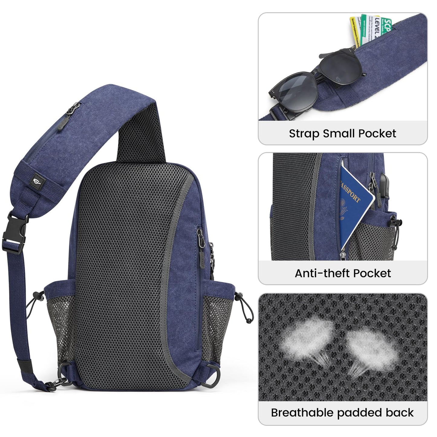 G4Free Canvas Sling Bag Crossbody Backpack Shoulder Bag for Men Women with Anti-theft Pocket & USB Charge Port (Dark Blue)