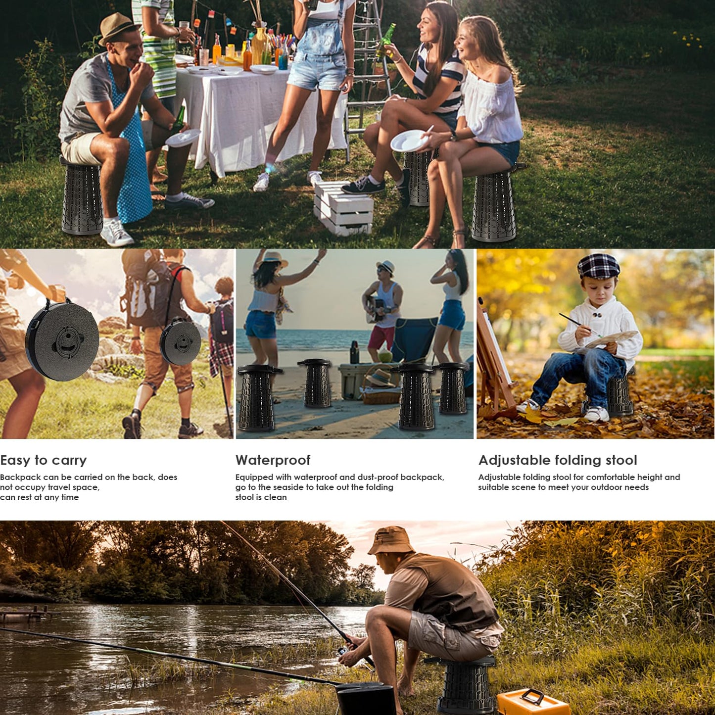 ALEVMOOM 2025 XXL 19.7" Collapsible Stool with Cushion, Capacity 1000lbs Portable Stools for Adults Heavy Duty, Adjustable Height Telescoping Folding Stool, for Outdoor Camping Travel Hiking Fishing