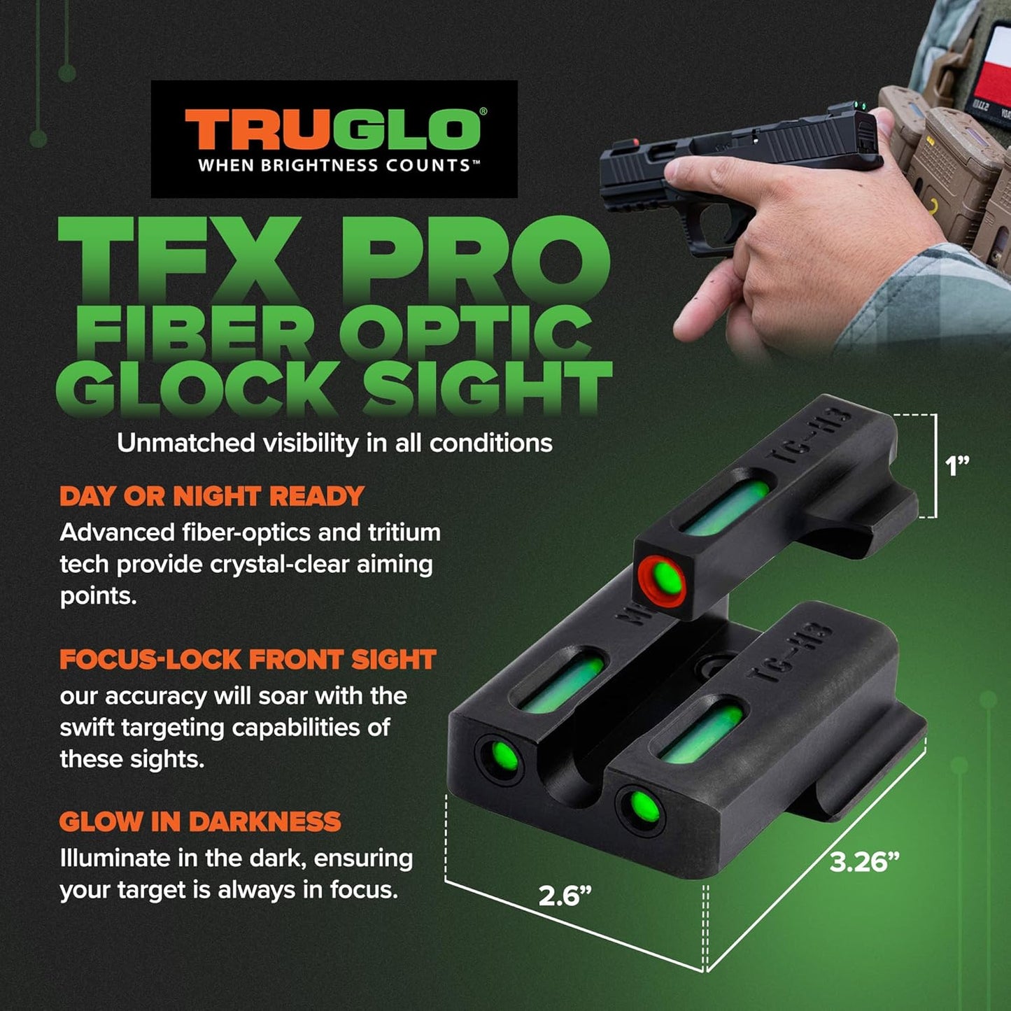 Truglo TFX PRO Night Sight for Handguns - Glowing Tritium & Fiber Optic, Compact & Durable