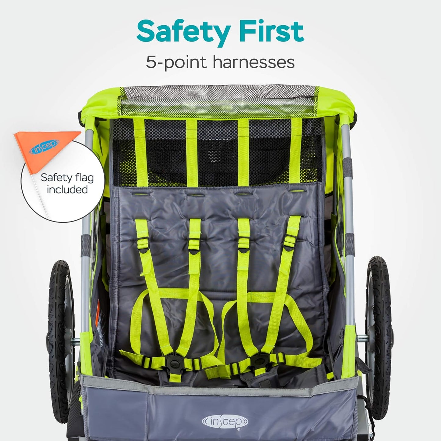 Quick-N-EZ Double Tow Behind Bike Trailer for Toddlers, Kids, Converts to Stroller, Jogger, 2-in-1 Canopy, Universal Bicycle Coupler, Folding Frame, Multiple Colors