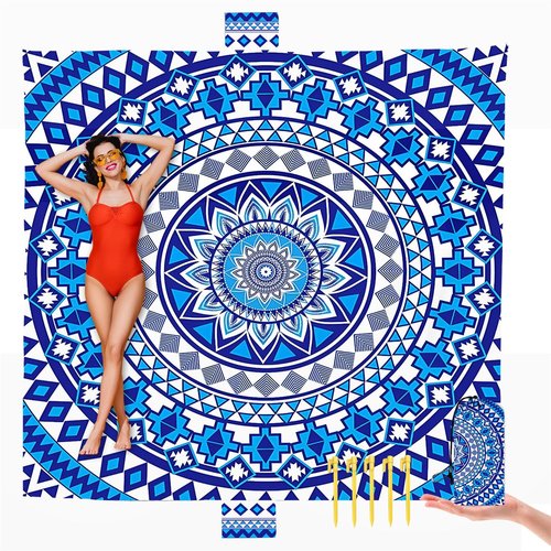 Boho Beach Blanket Sandproof Waterproof Extra Large Blankets for 1-8 Adults Size 110"x118" with Ground Mails, Pouch Bag, Anti Sand